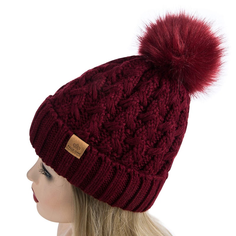 PAGE ONE Womens Winter Ribbed Beanie Crossed Cap Chunky Cable Knit Pompom Soft Warm Hat Wine Red - Image 3